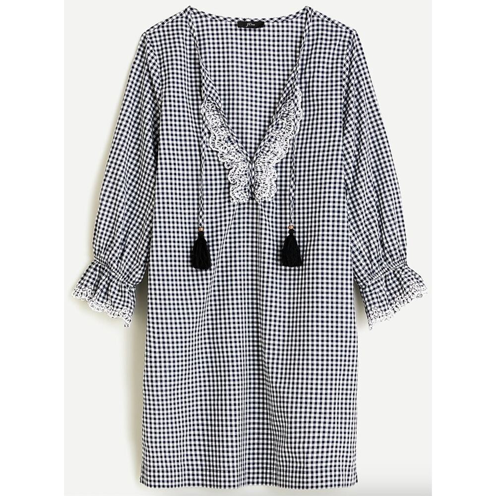 J. Crew Scalloped Tunic Textured Gingham Navy White Cotton Ruffle Cottage Small
